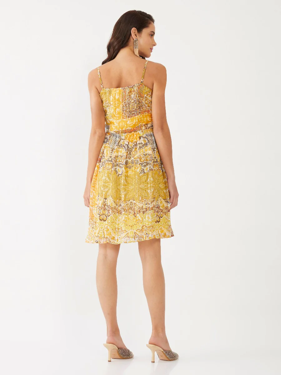 Yellow Ethnic Motif Strappy Short Dress - Image 4