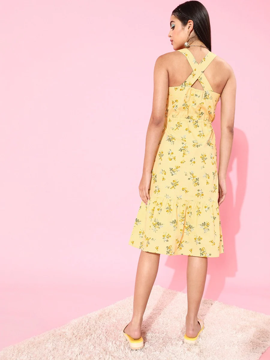 Yellow Floral Print Midi Dress - Image 3