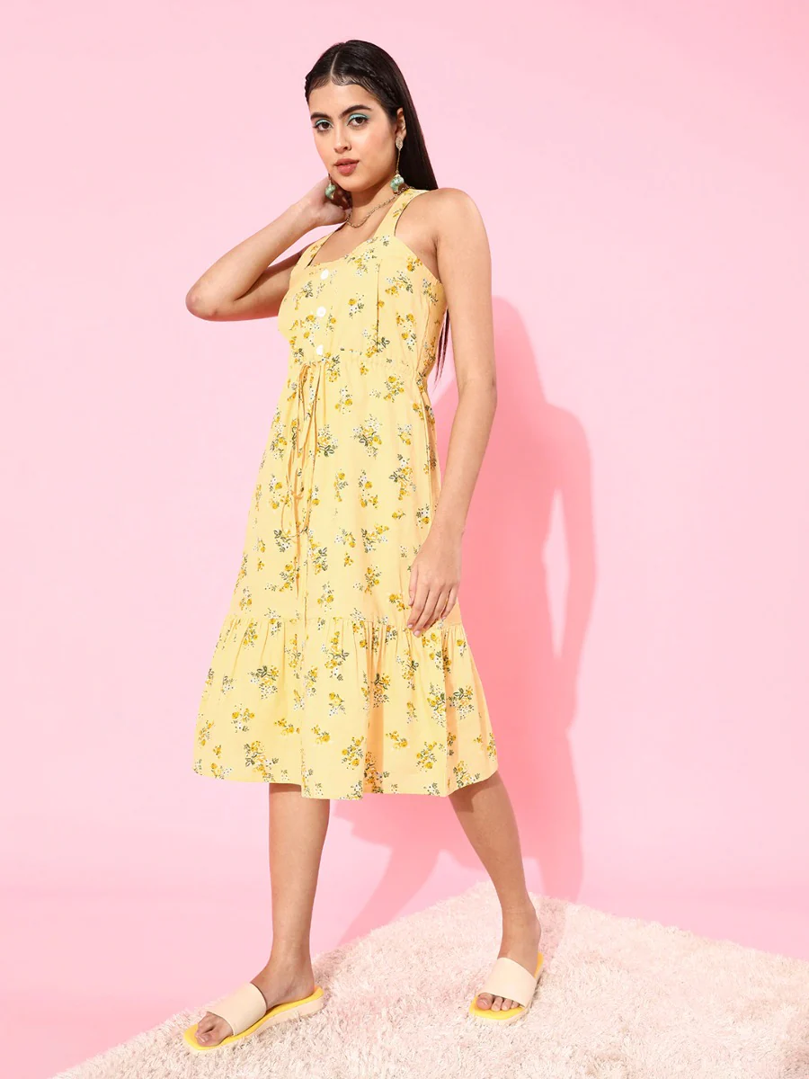 Yellow Floral Print Midi Dress - Image 4