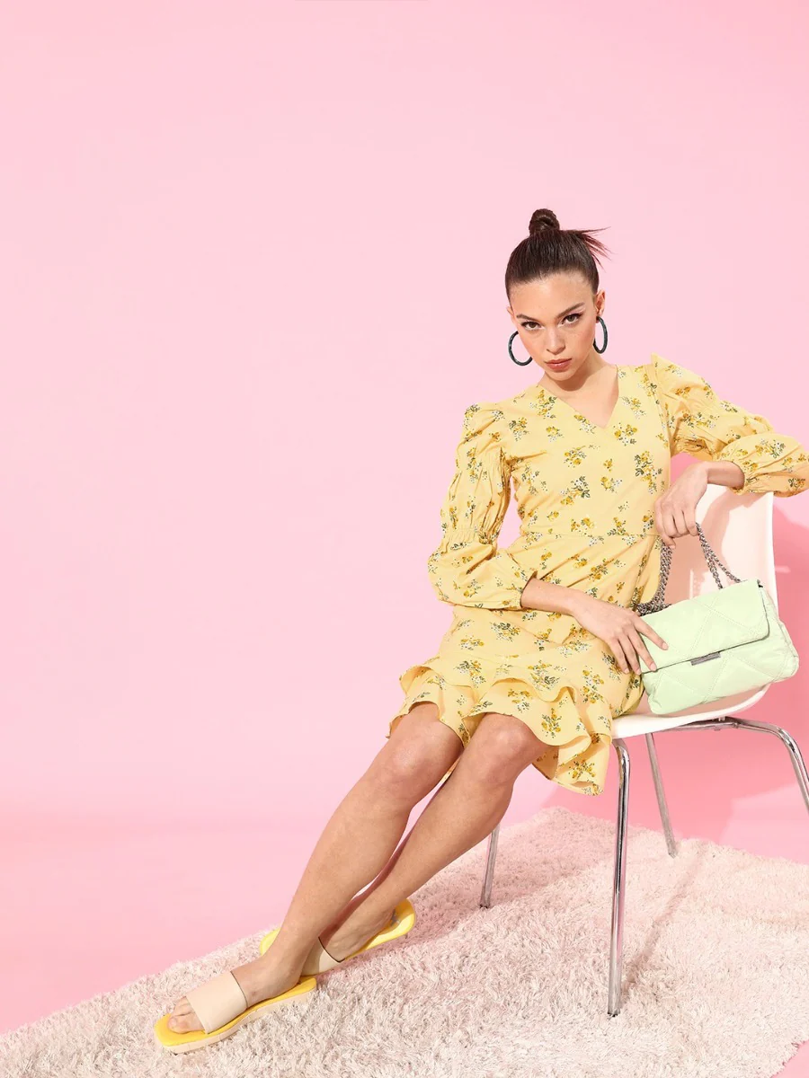 Yellow Floral Print Short Dress - Image 2