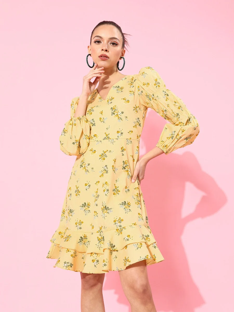 Yellow Floral Print Short Dress - Image 3