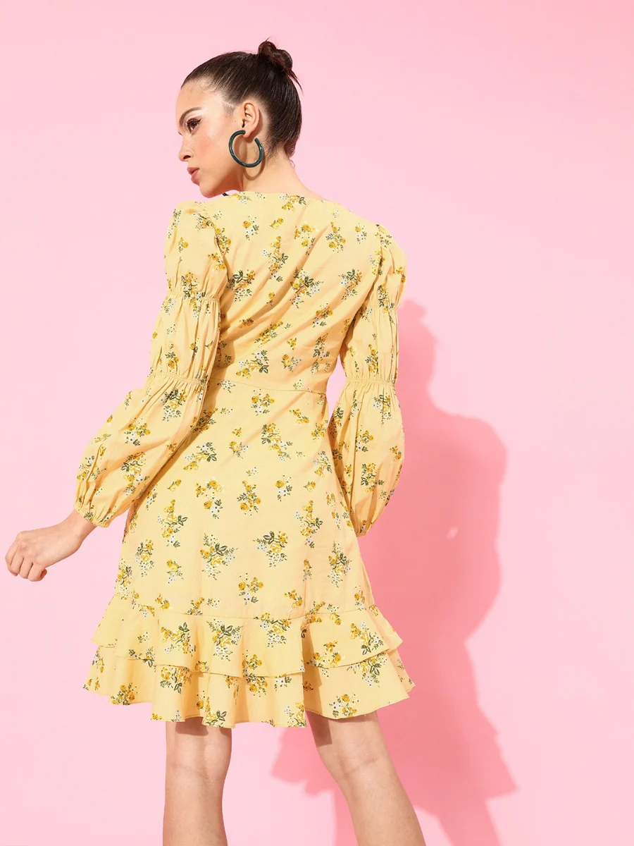Yellow Floral Print Short Dress - Image 4