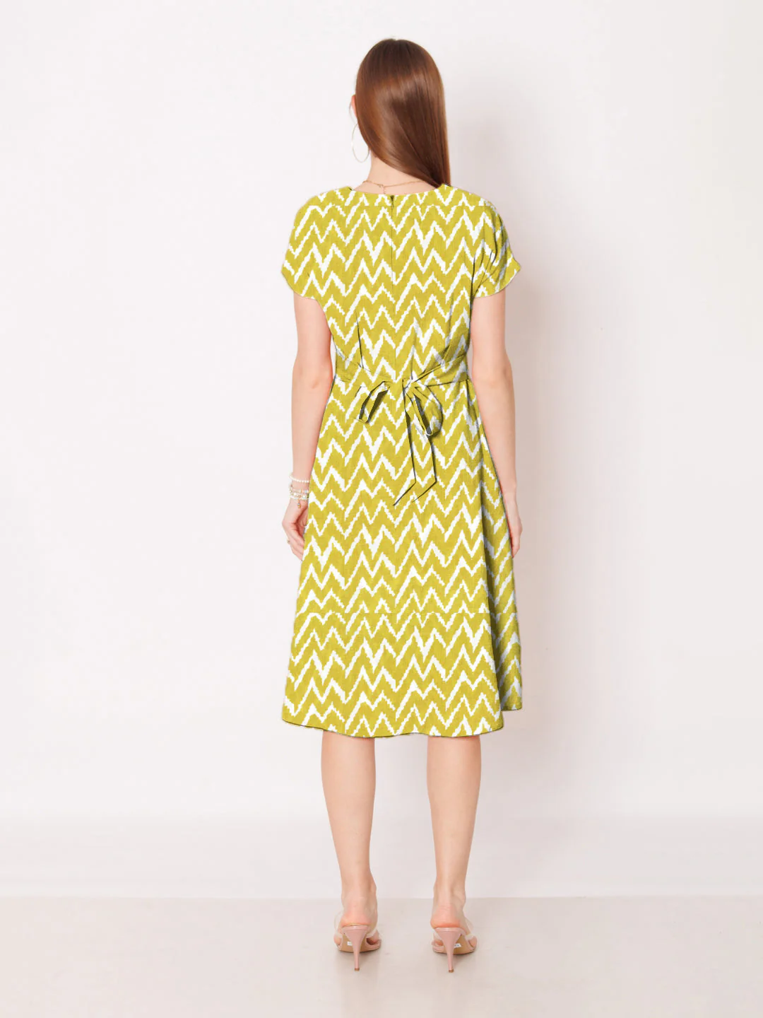 Yellow Ochre Floral Printed A-Line Midi Dress - Image 4
