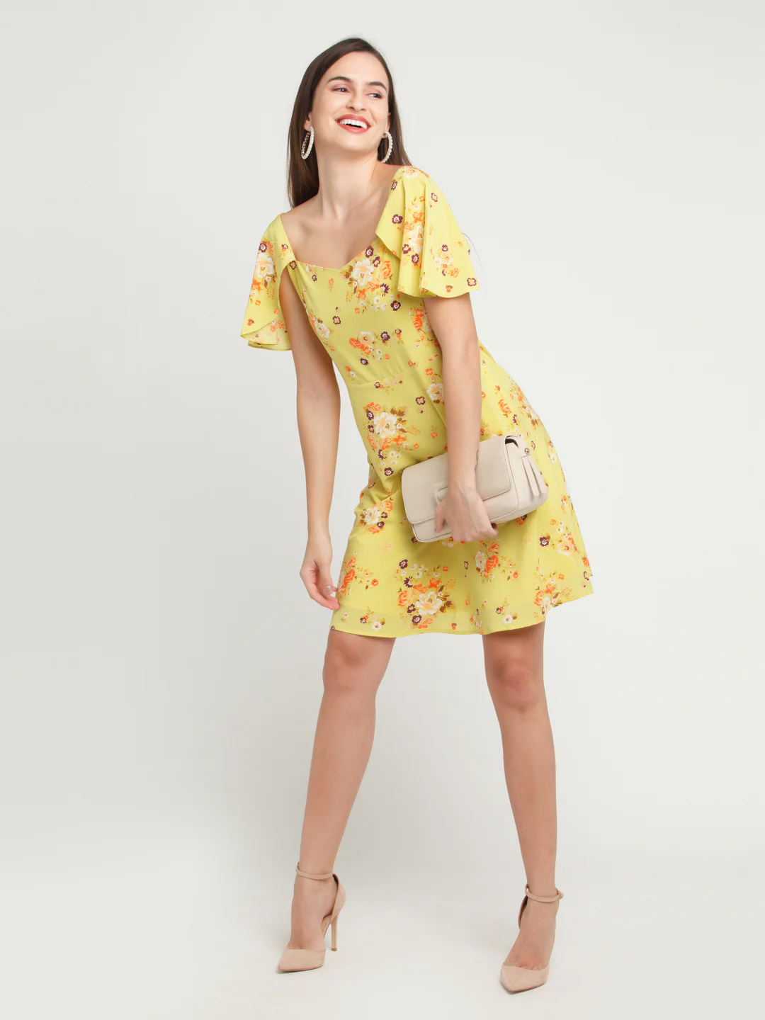 Yellow Printed Flared Sleeve Short Dress - Image 3
