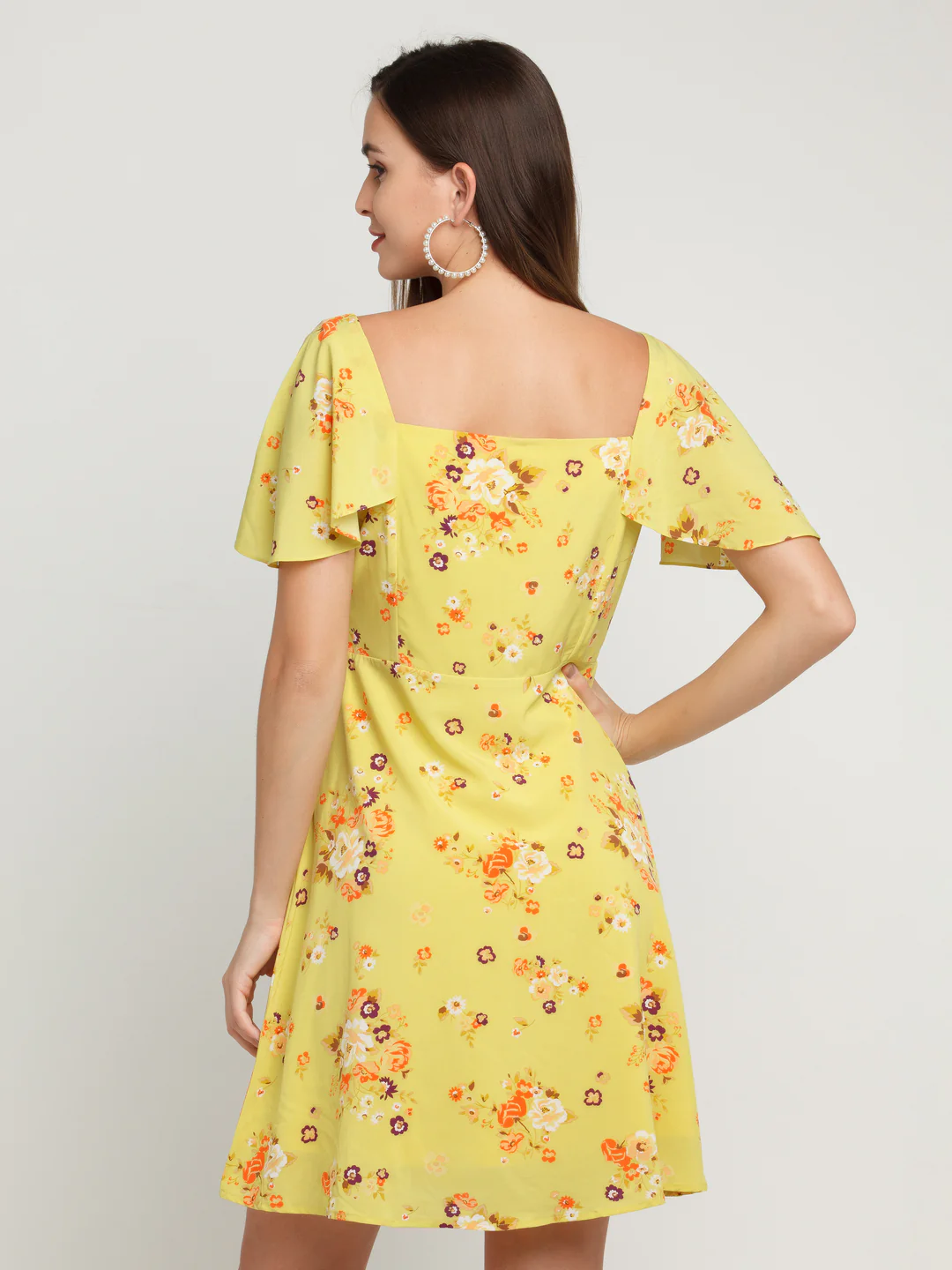 Yellow Printed Flared Sleeve Short Dress - Image 4