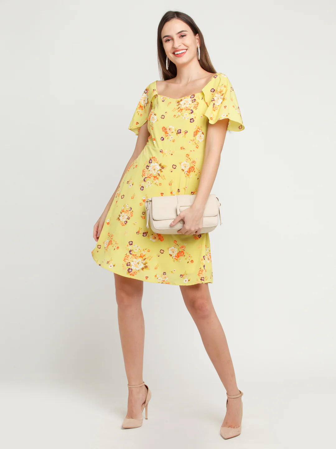 Yellow Printed Flared Sleeve Short Dress - Image 5