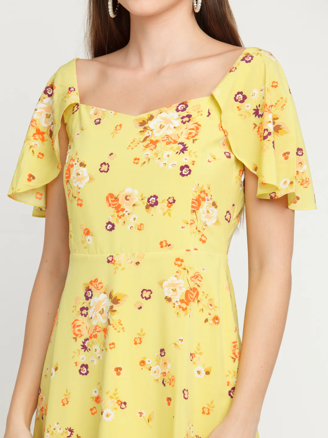 Yellow Printed Flared Sleeve Short Dress - Image 6