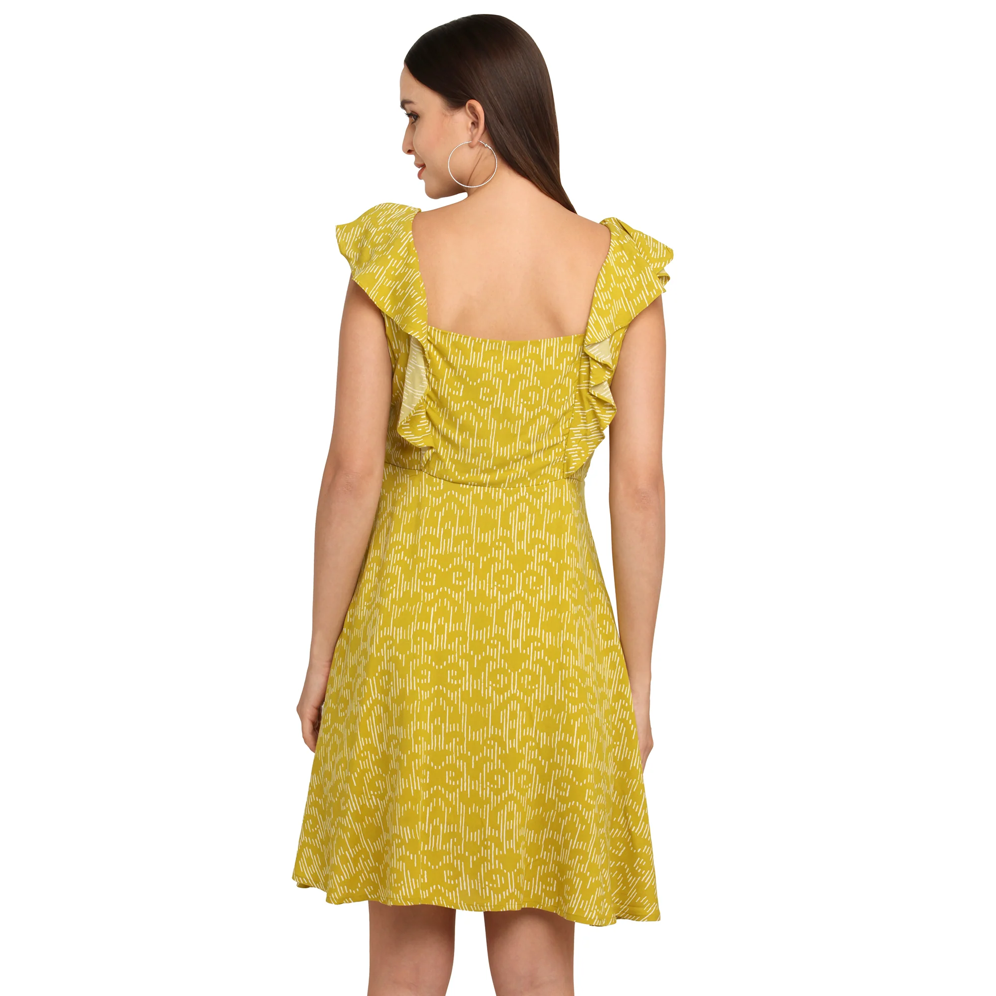 Yellow Printed Flared Sleeve Short Dress - Image 2