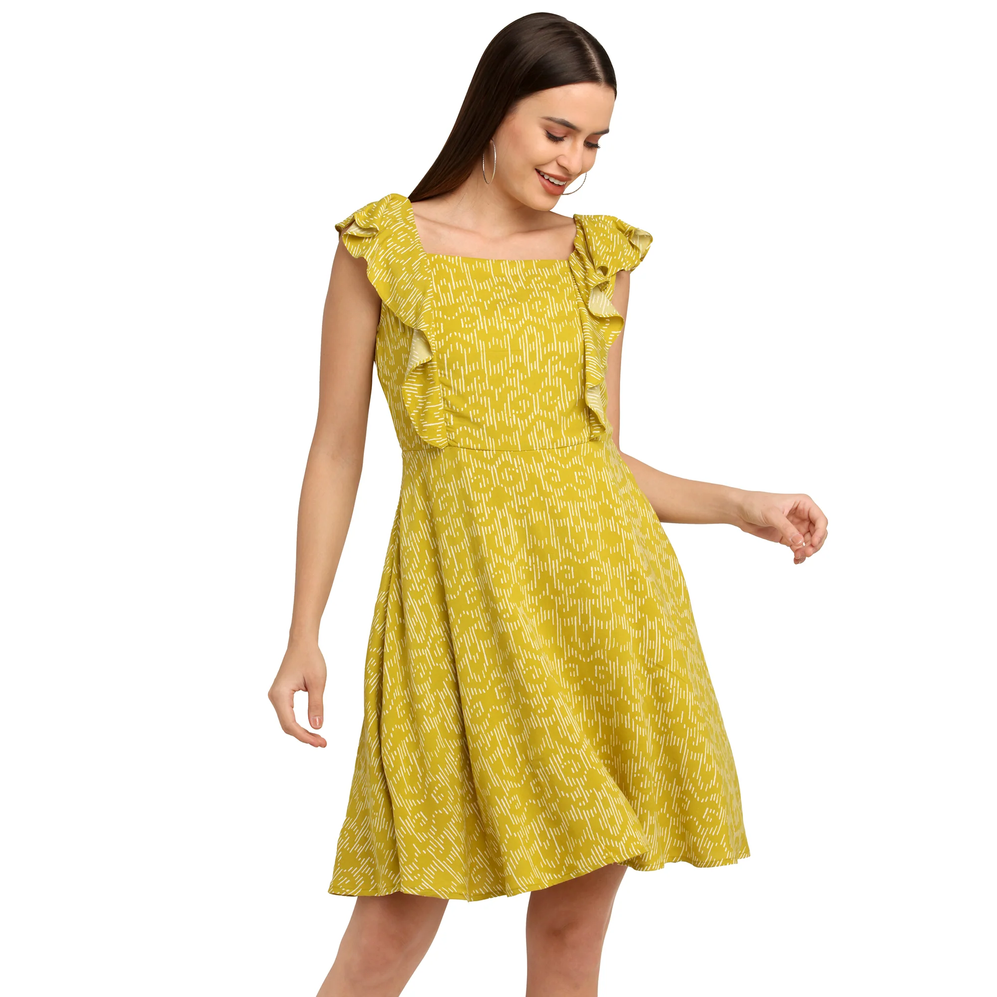 Yellow Printed Flared Sleeve Short Dress - Image 4