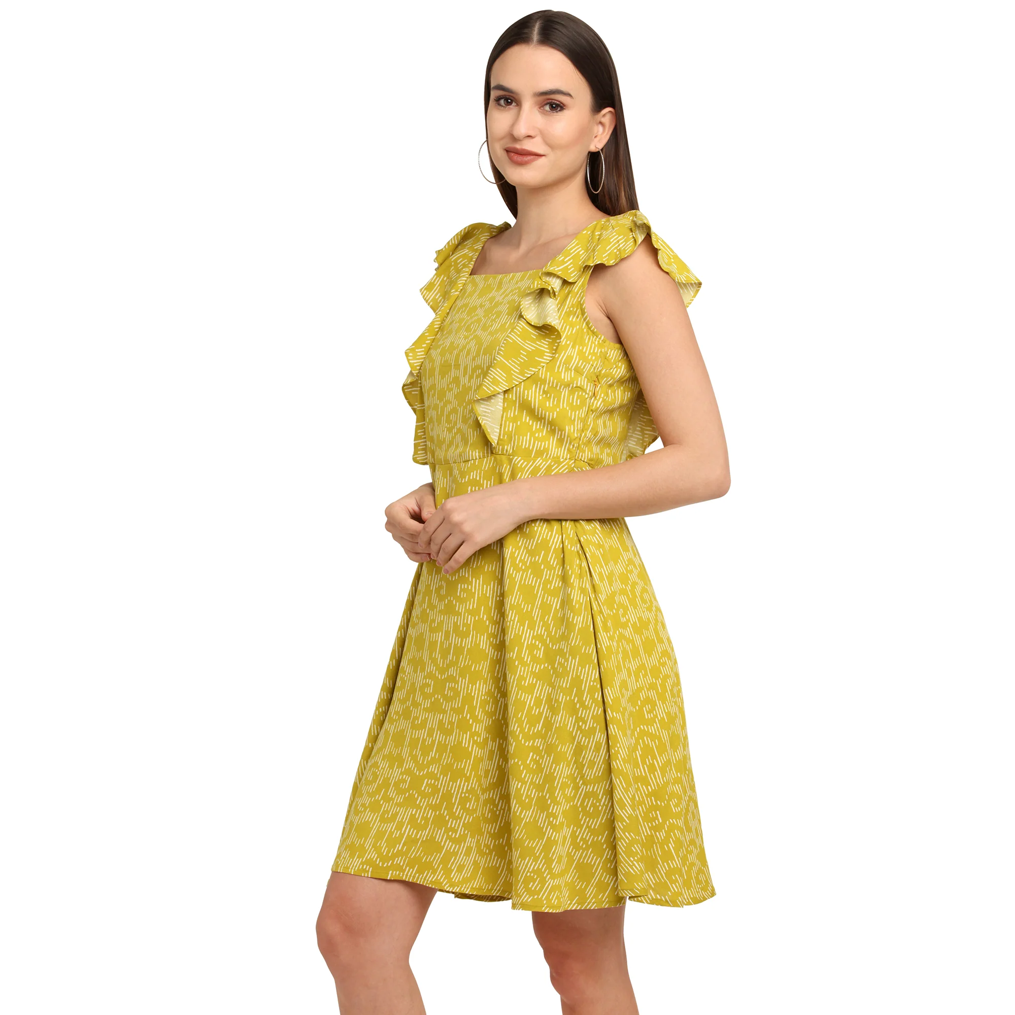 Yellow Printed Flared Sleeve Short Dress - Image 5