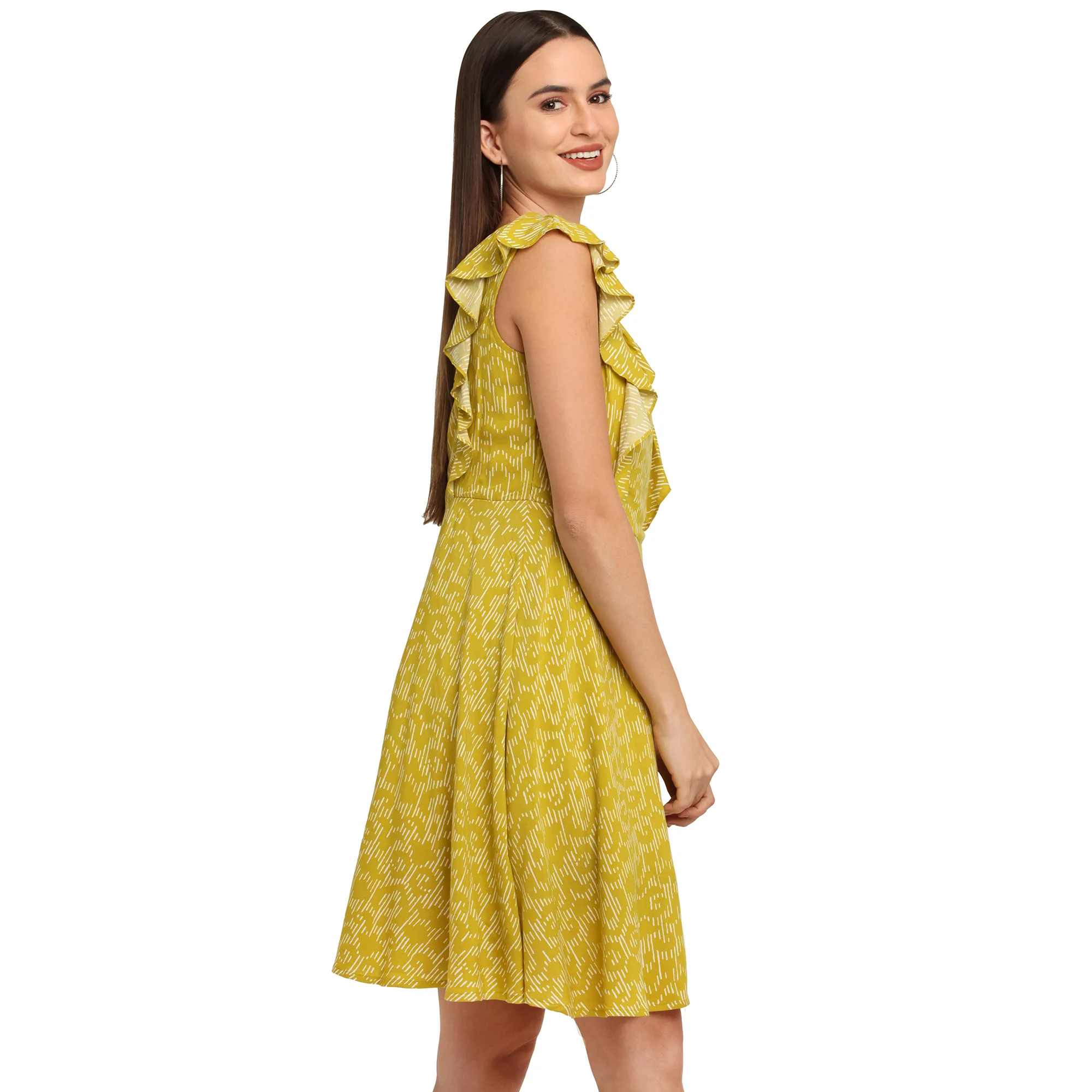 Yellow Printed Flared Sleeve Short Dress - Image 6