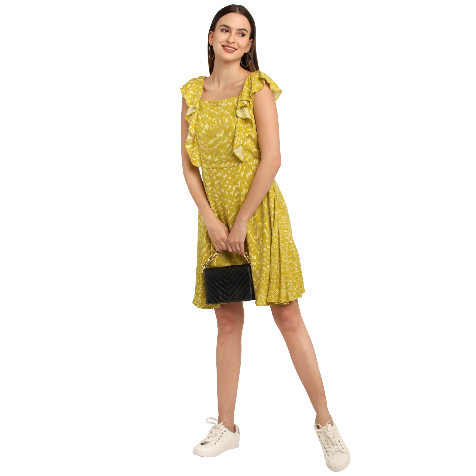 Yellow Printed Flared Sleeve Short Dress - Image 7