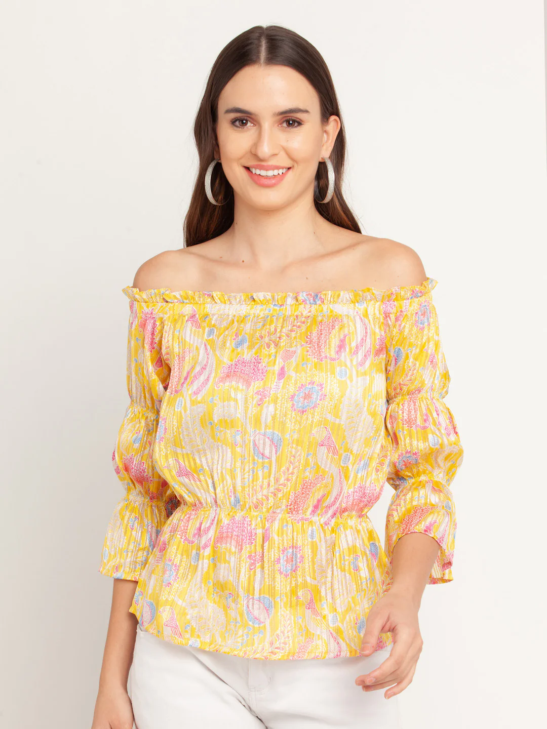Yellow Printed Off-shoulder Top - Image 2