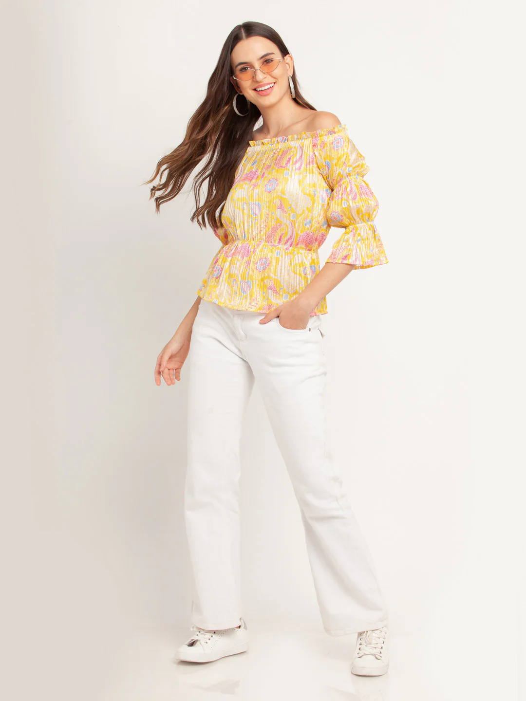 Yellow Printed Off-shoulder Top - Image 5