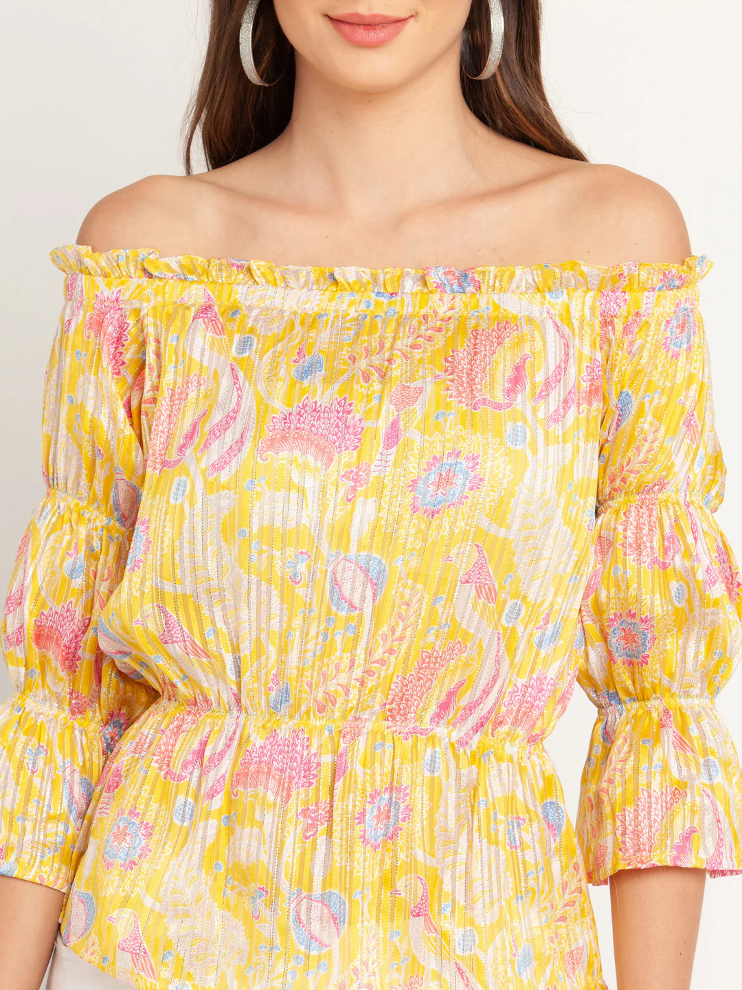 Yellow Printed Off-shoulder Top - Image 6
