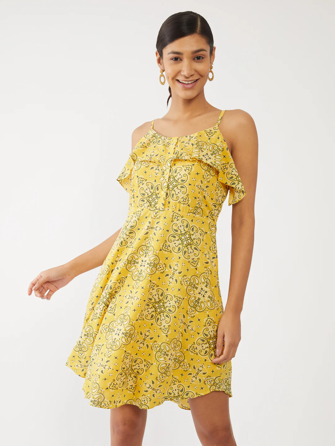 Yellow Printed Strappy Short Dress - Image 2