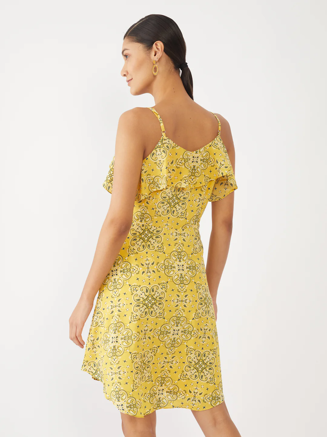 Yellow Printed Strappy Short Dress - Image 4
