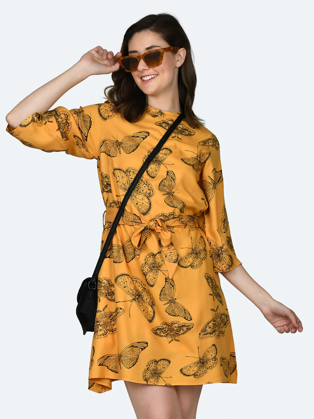 Yellow Printed Tie-Up Short Dress - Image 2