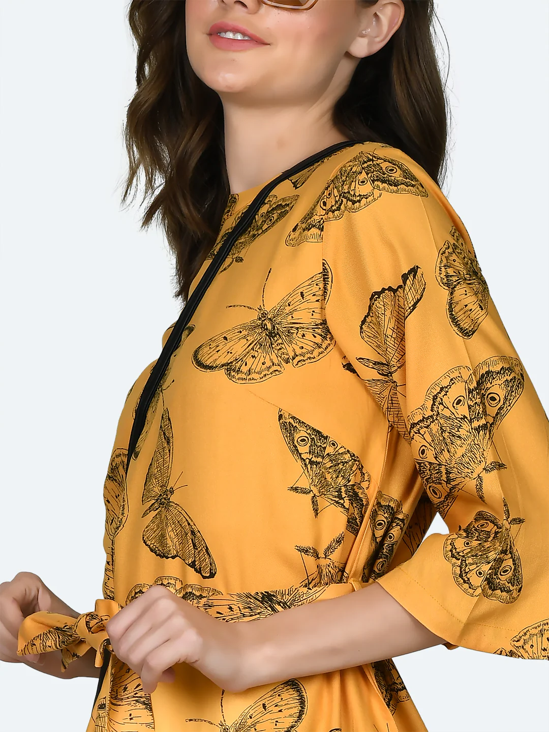 Yellow Printed Tie-Up Short Dress - Image 6