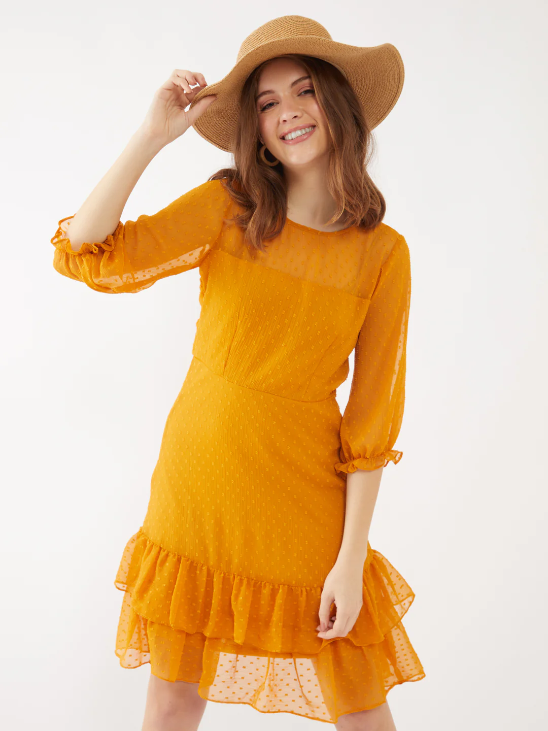 Yellow Puff Sleeve Short Dress
