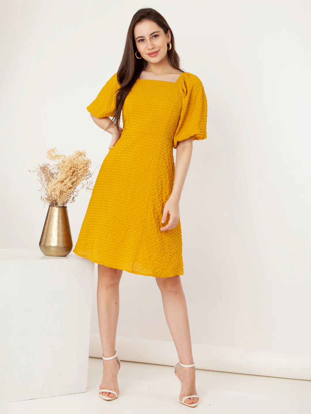 Yellow Self Design Flared Short Dress