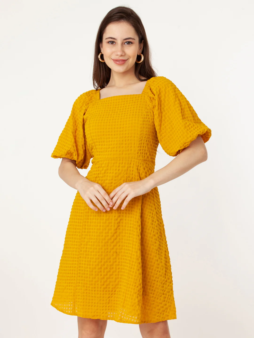 Yellow Self Design Flared Short Dress - Image 2