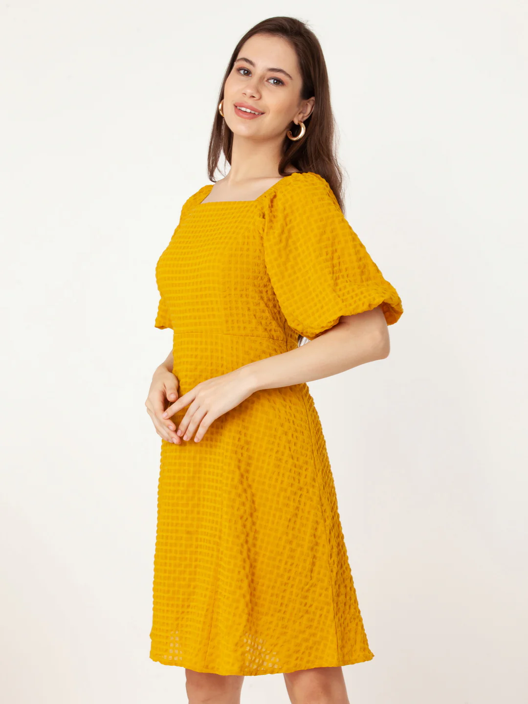Yellow Self Design Flared Short Dress - Image 3