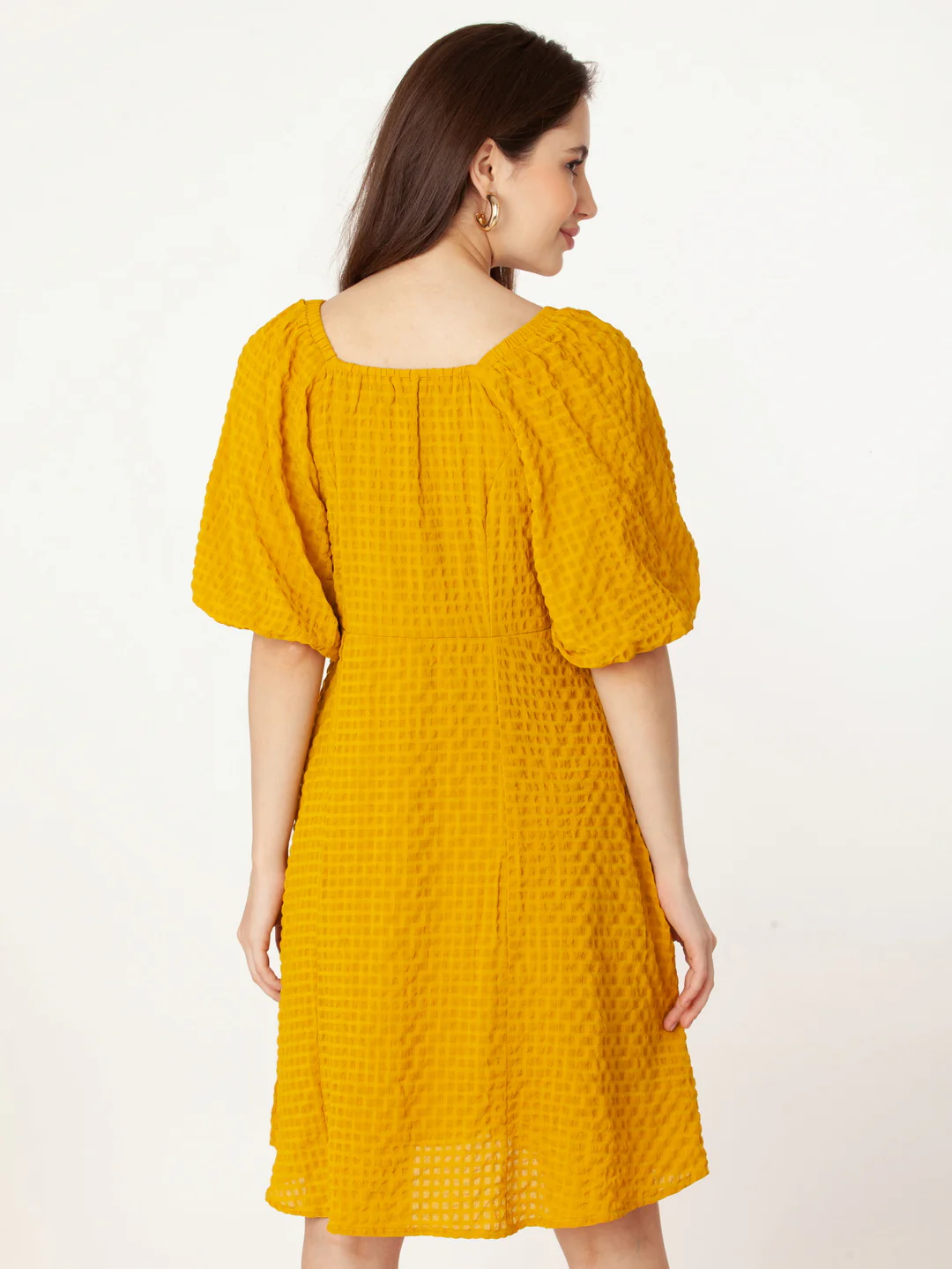 Yellow Self Design Flared Short Dress - Image 4