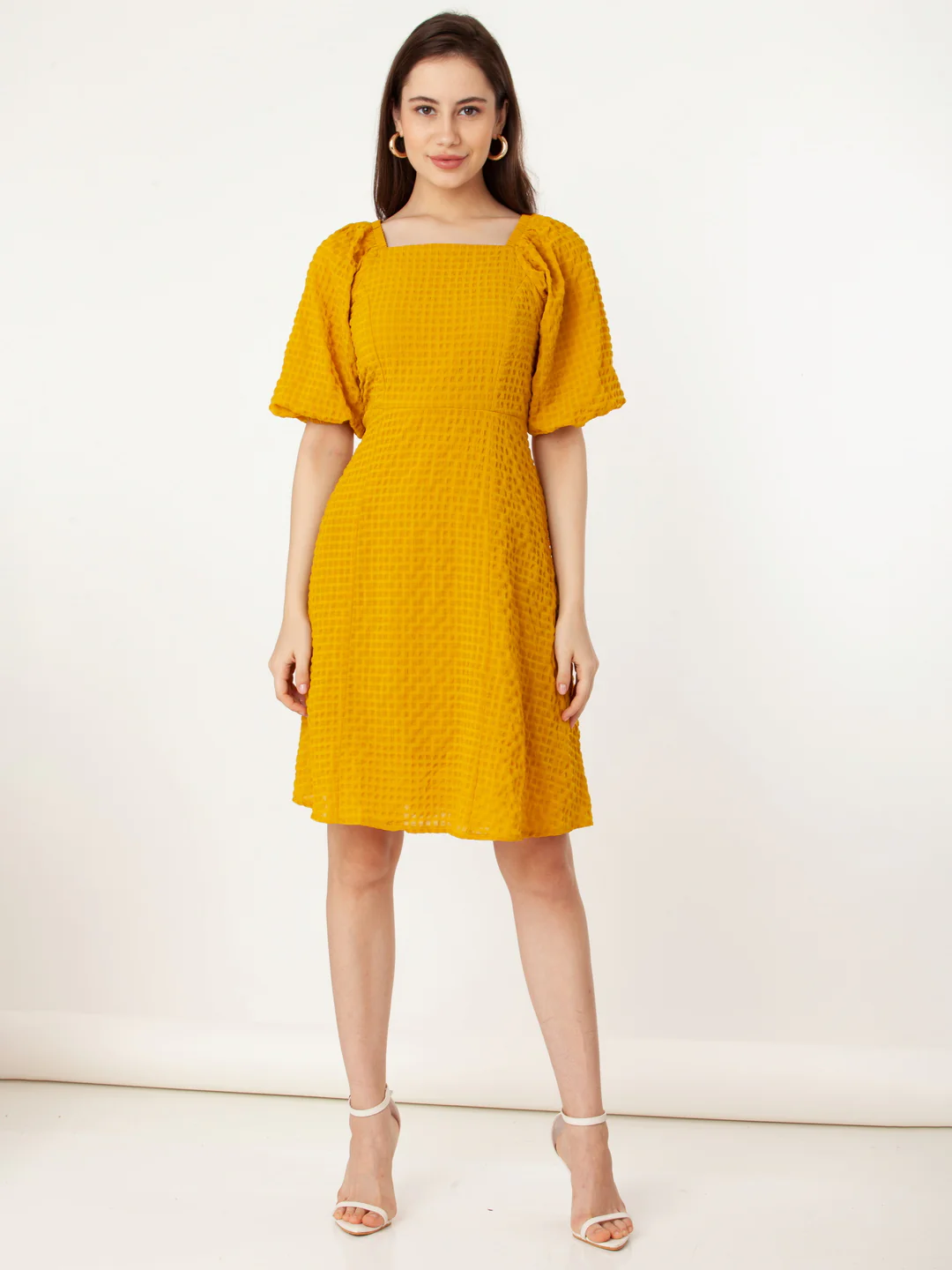 Yellow Self Design Flared Short Dress - Image 5