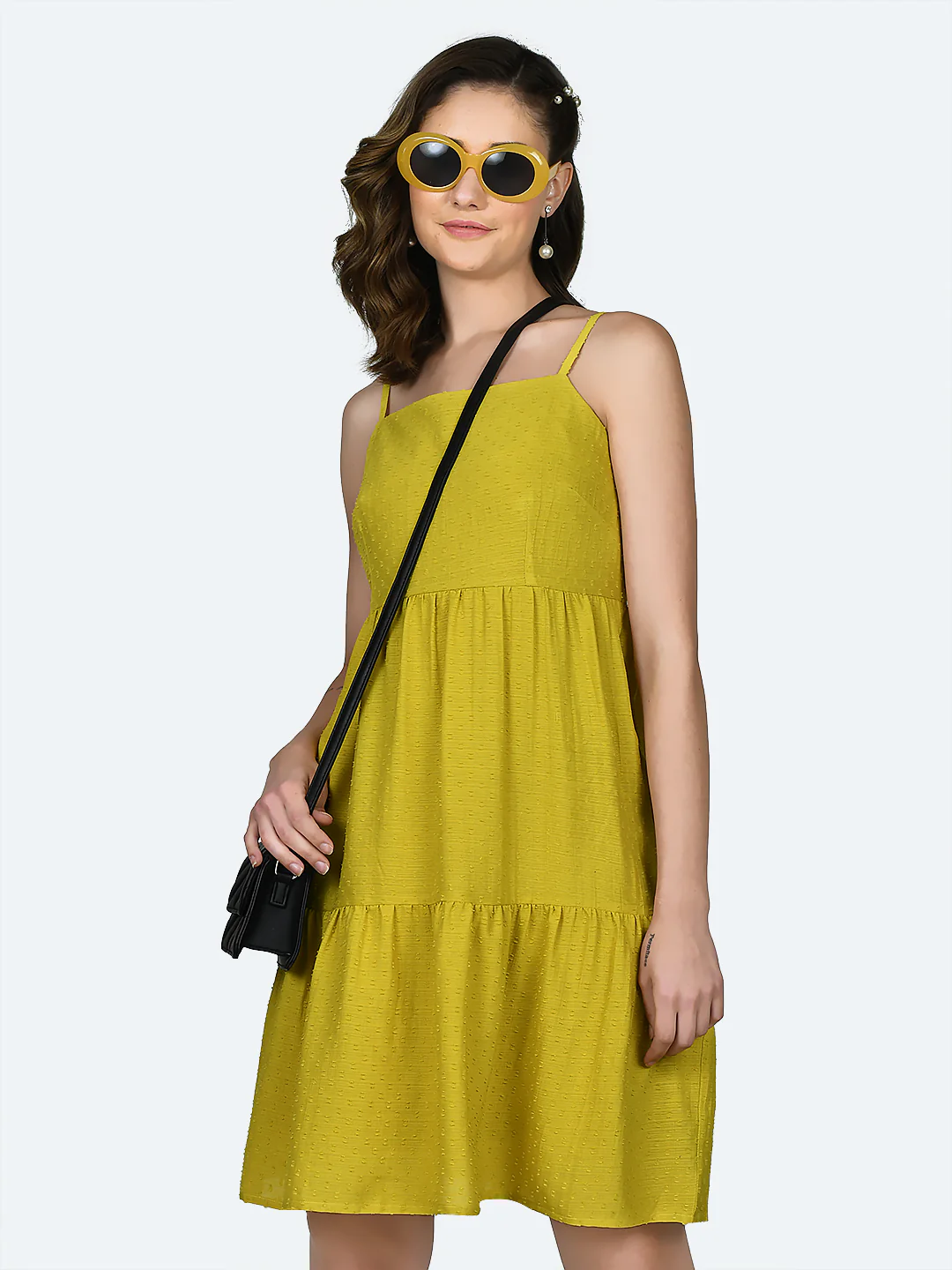 Yellow Self Design Strappy Short Dress - Image 2