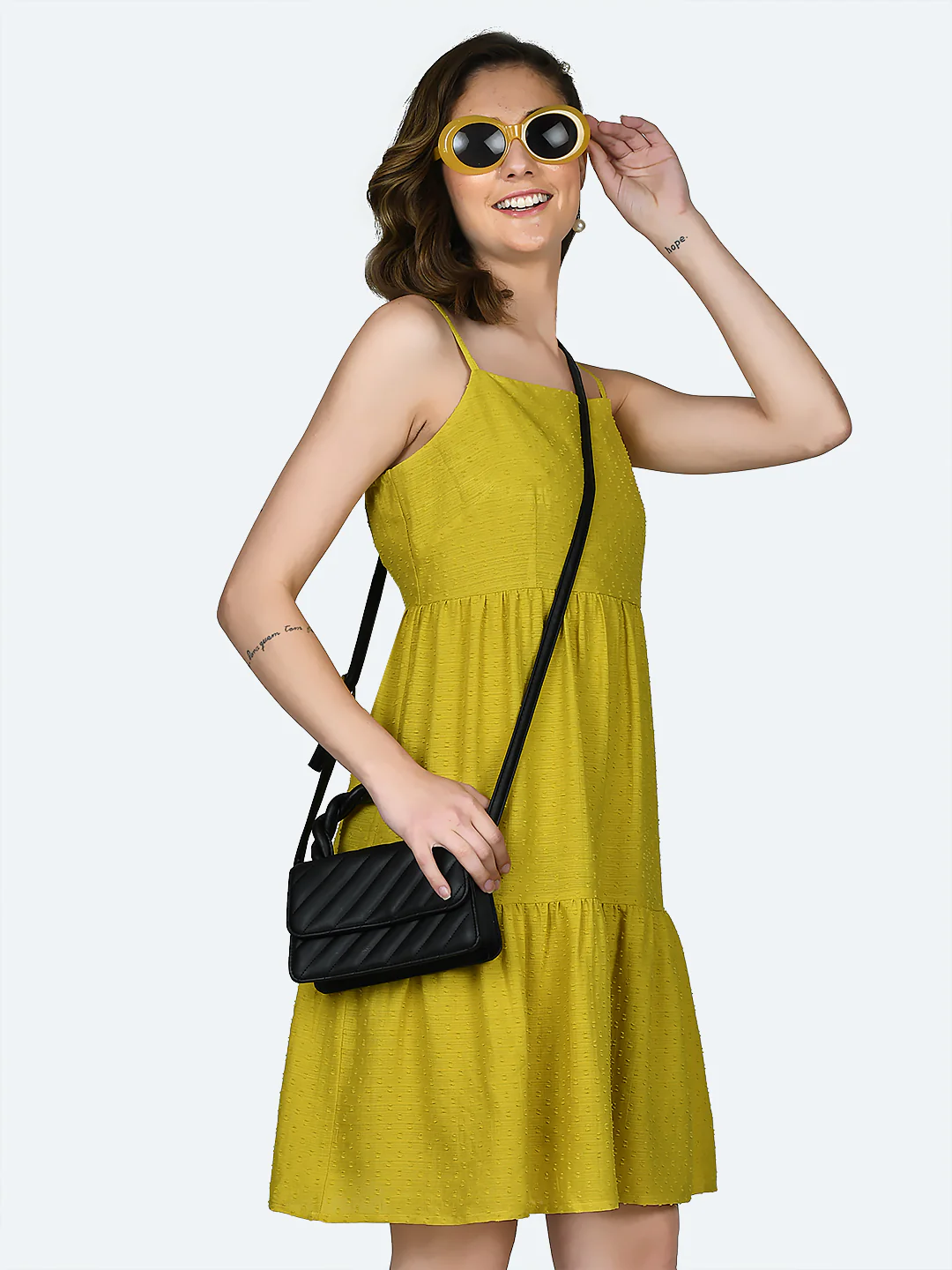 Yellow Self Design Strappy Short Dress - Image 3