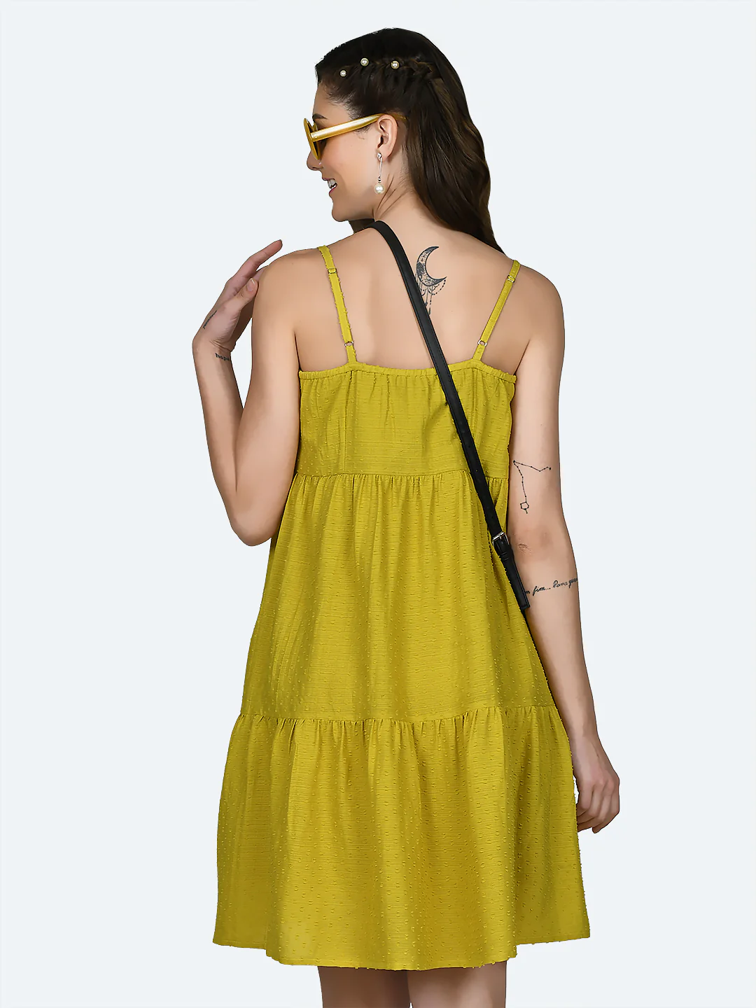 Yellow Self Design Strappy Short Dress - Image 4