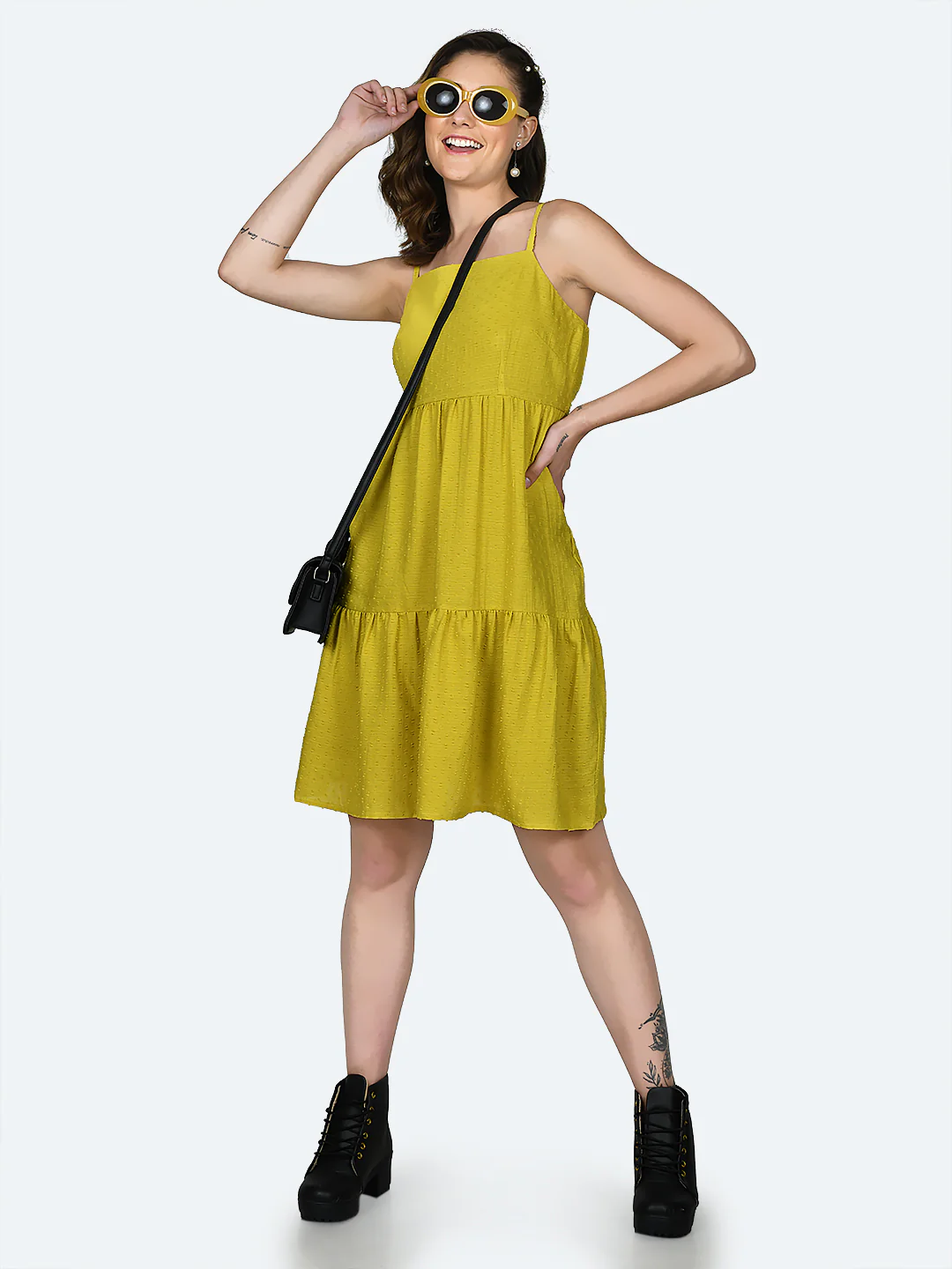 Yellow Self Design Strappy Short Dress - Image 5