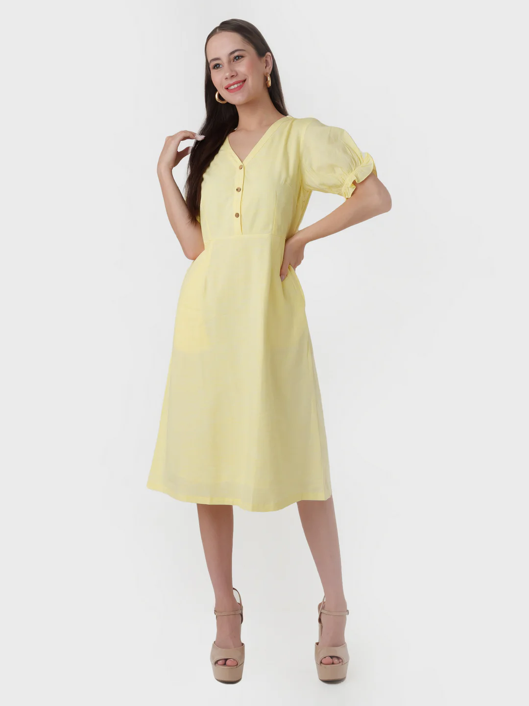 Yellow Solid A-Line Midi Dress - Image 5