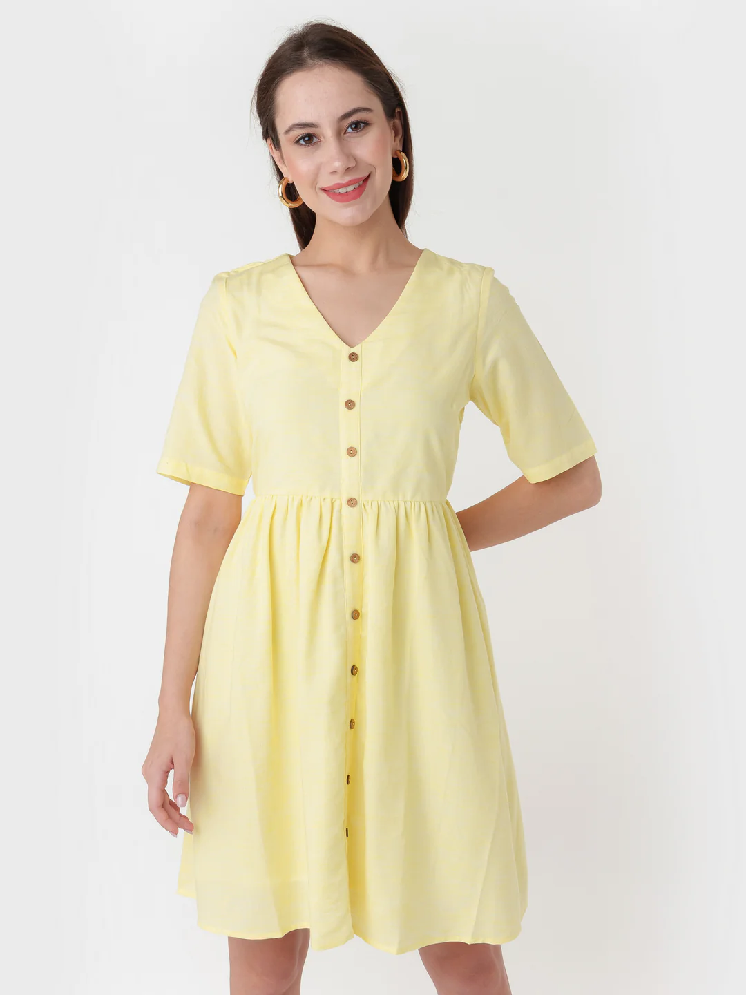 Yellow Solid A-Line Short Dress - Image 2