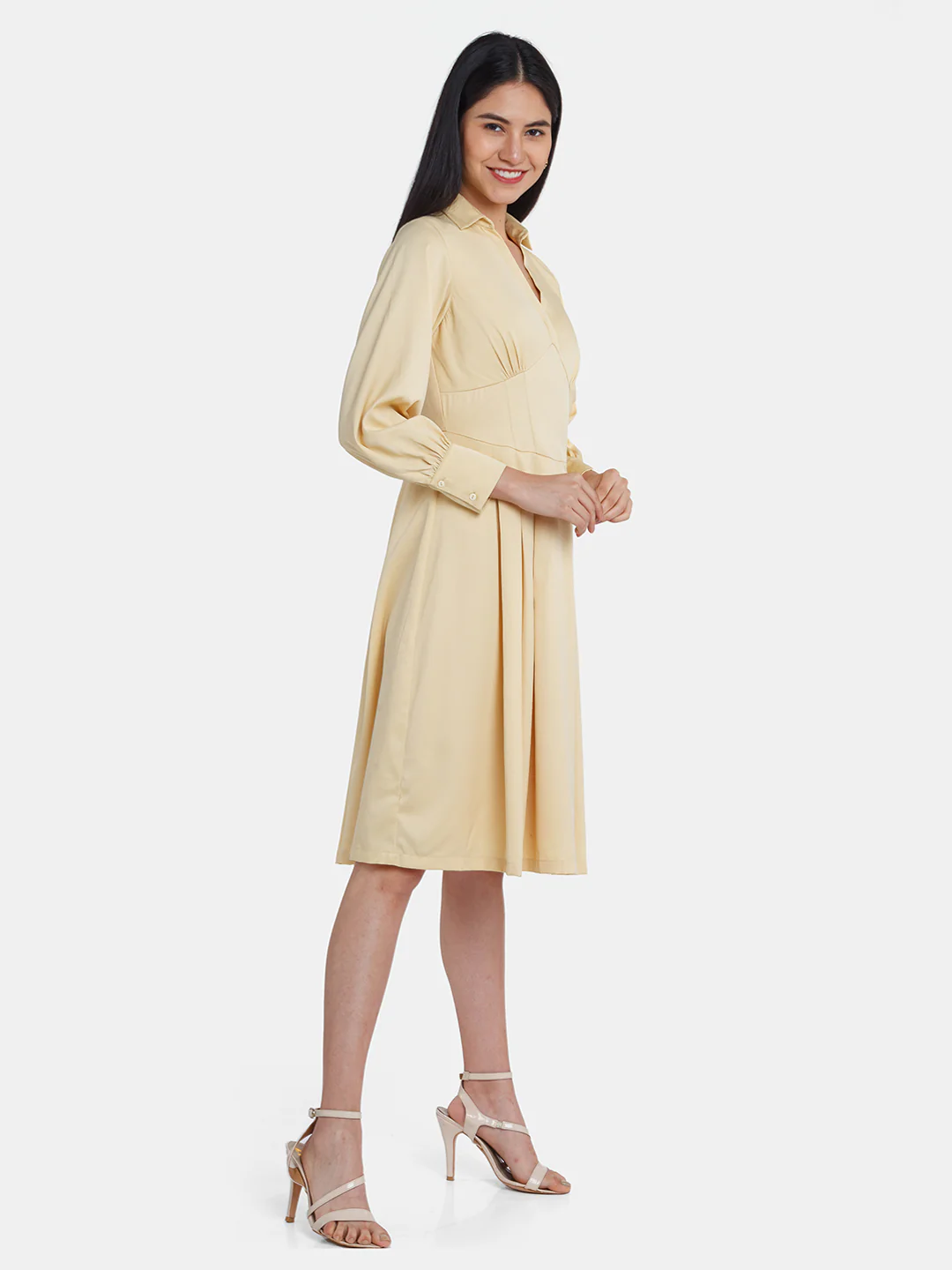 Yellow Solid Corset Midi Dress - Image 3