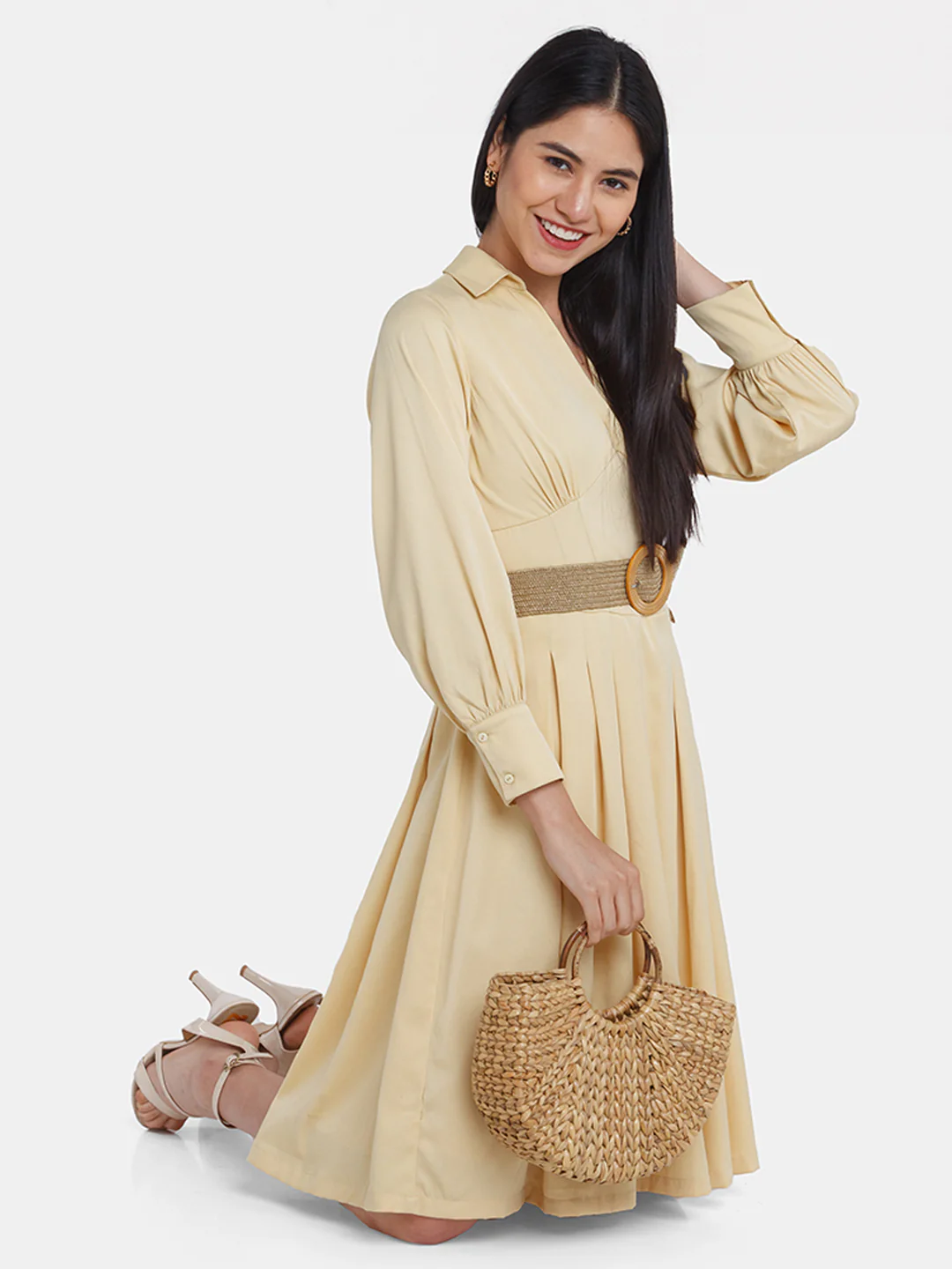 Yellow Solid Corset Midi Dress - Image 5