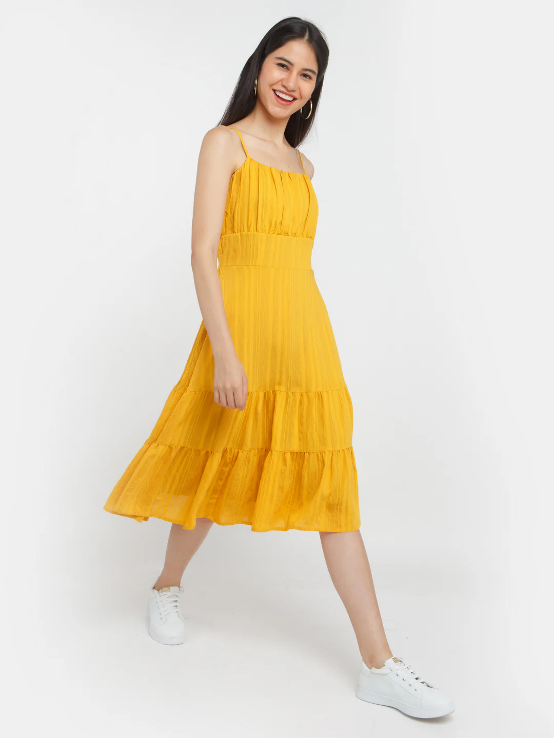 Yellow Solid Elasticated Midi Dress