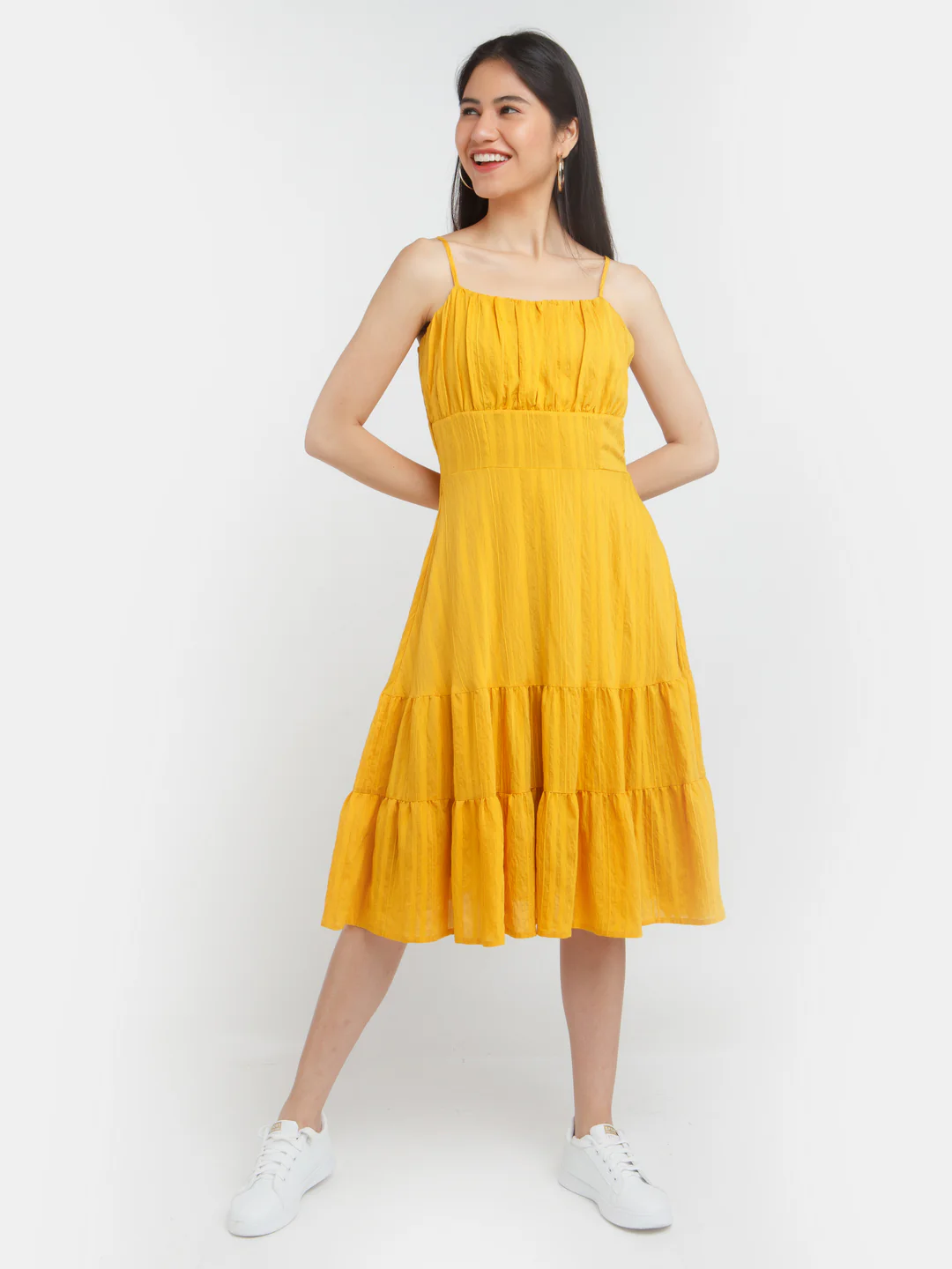 Yellow Solid Elasticated Midi Dress - Image 2