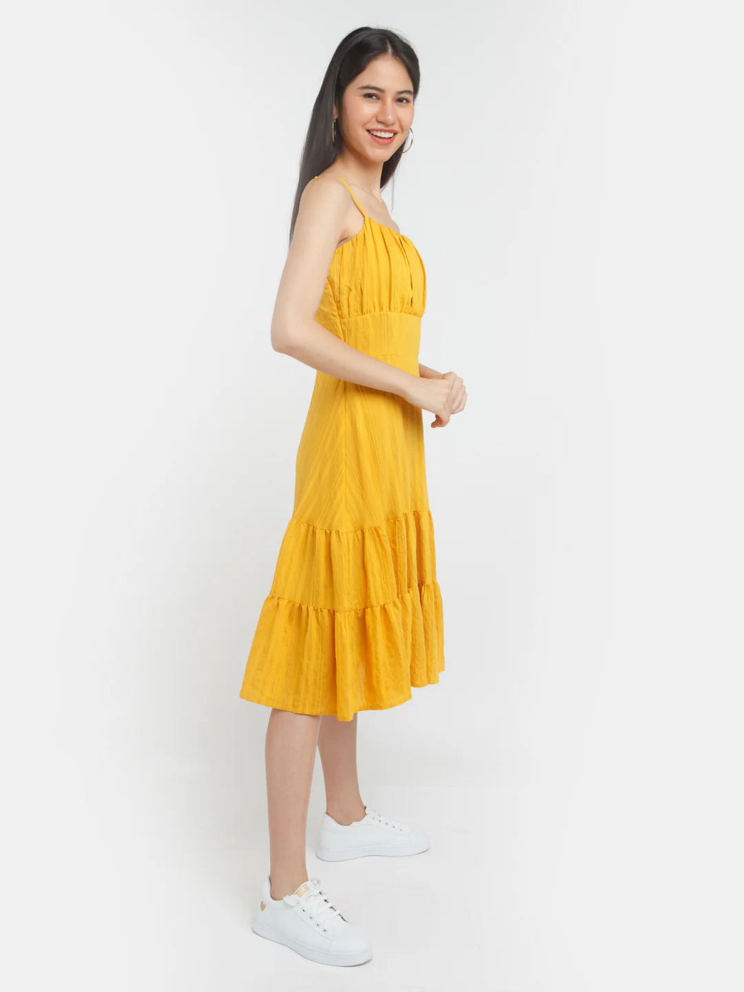 Yellow Solid Elasticated Midi Dress - Image 3