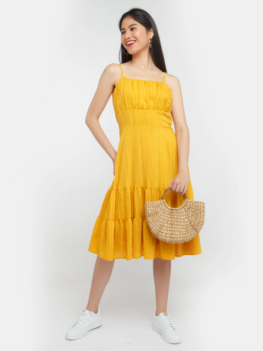 Yellow Solid Elasticated Midi Dress - Image 5