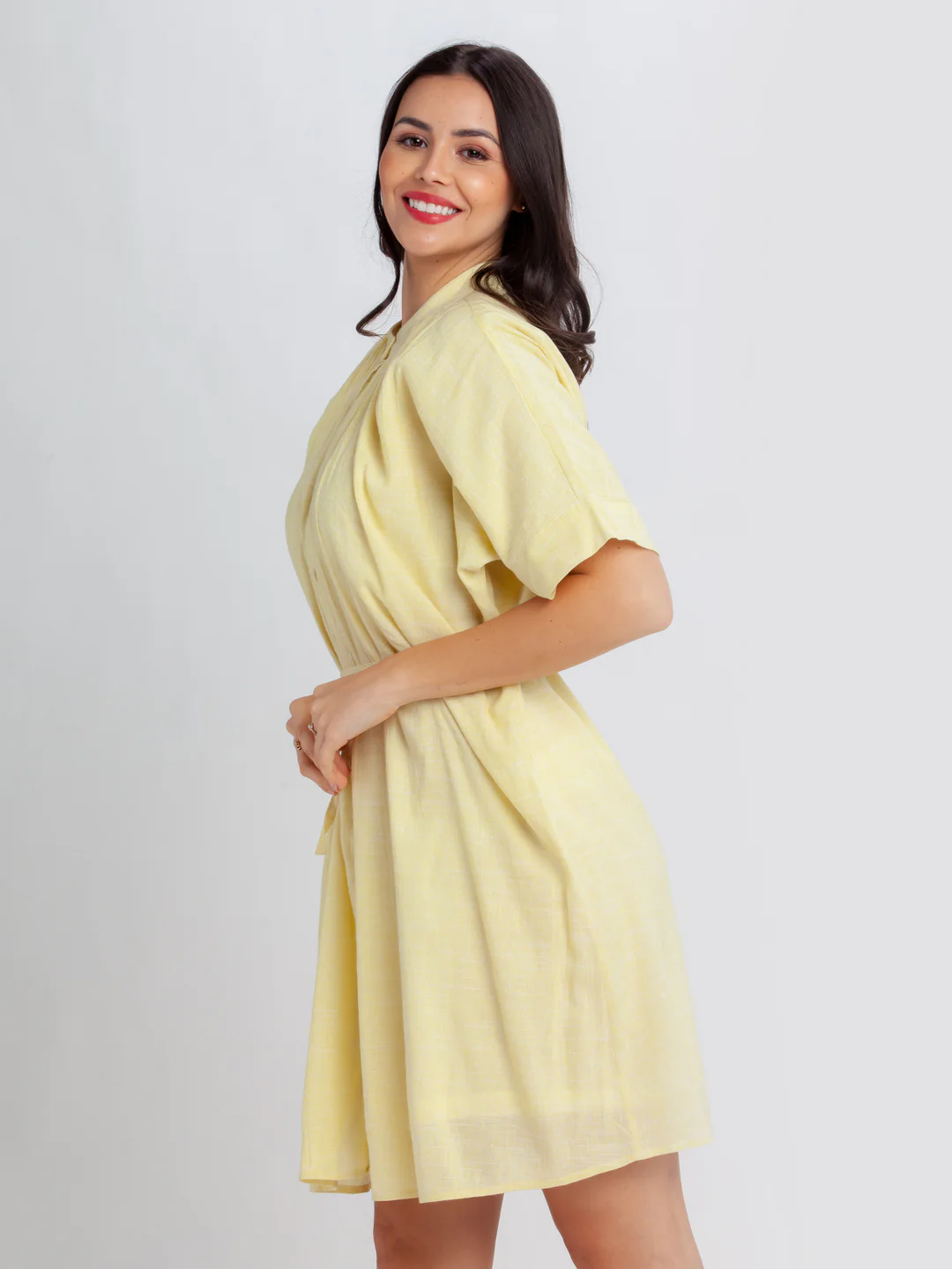 Yellow Solid Pleated Short Dress - Image 3