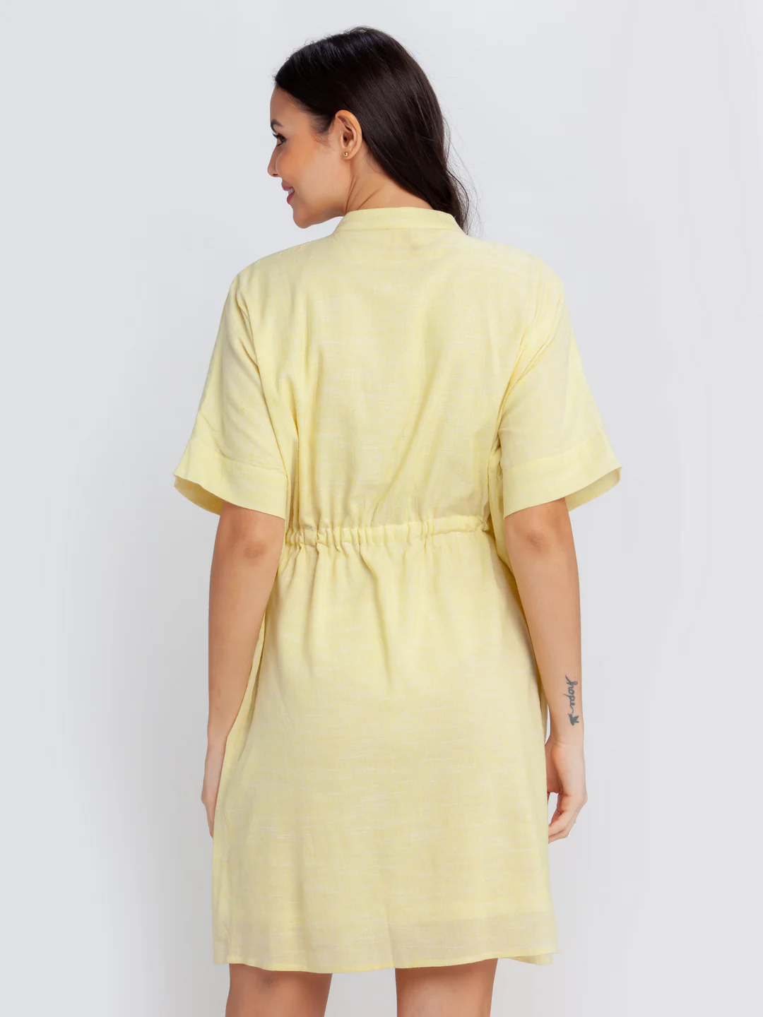 Yellow Solid Pleated Short Dress - Image 4