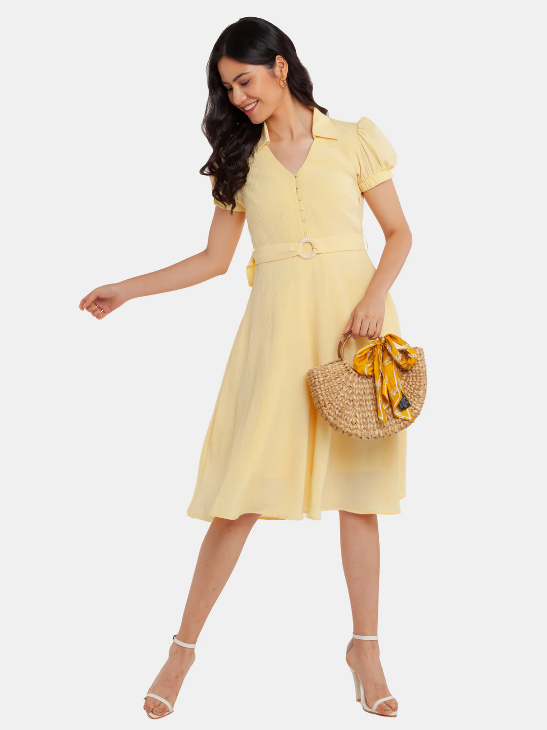 Yellow Solid Puff Sleeve Midi Dress