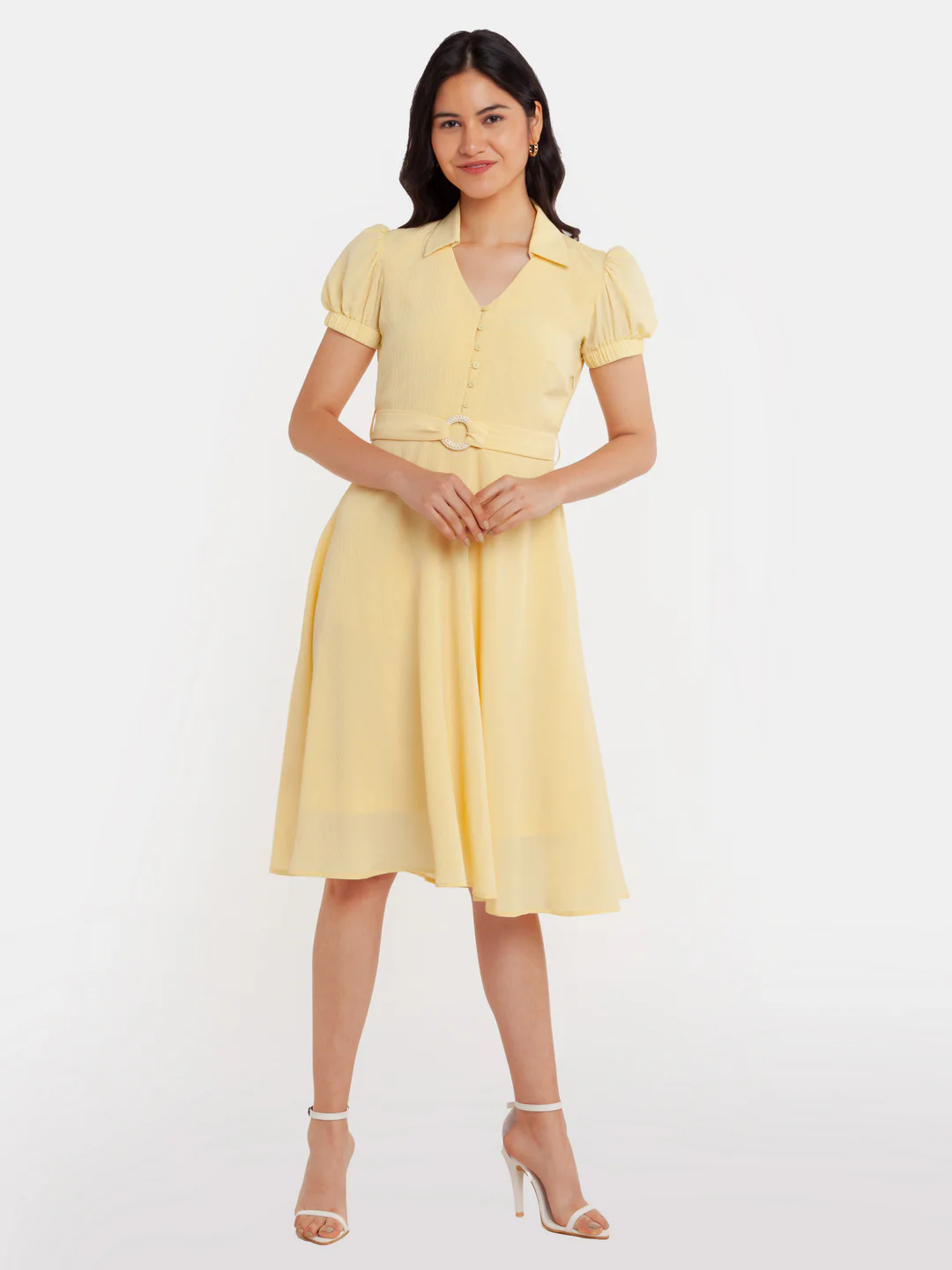 Yellow Solid Puff Sleeve Midi Dress - Image 2