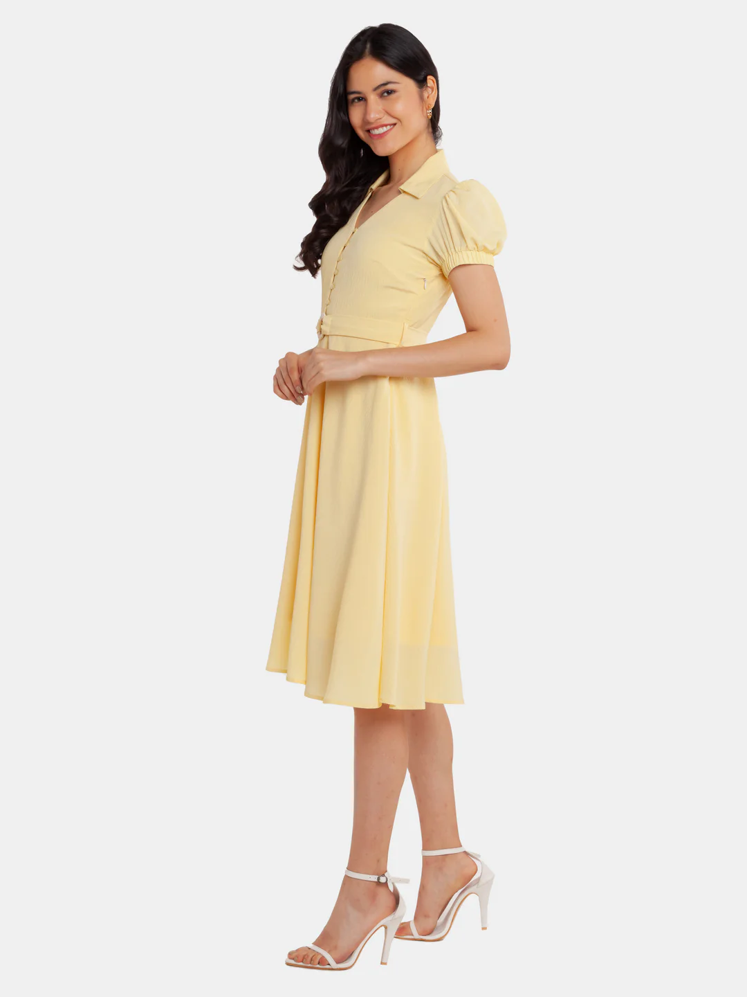 Yellow Solid Puff Sleeve Midi Dress - Image 3
