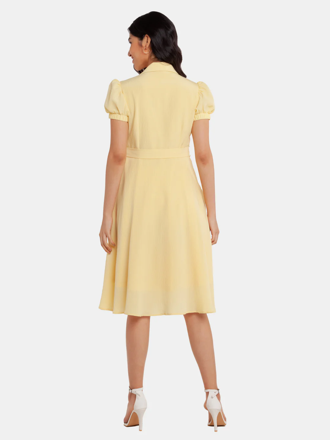 Yellow Solid Puff Sleeve Midi Dress - Image 4