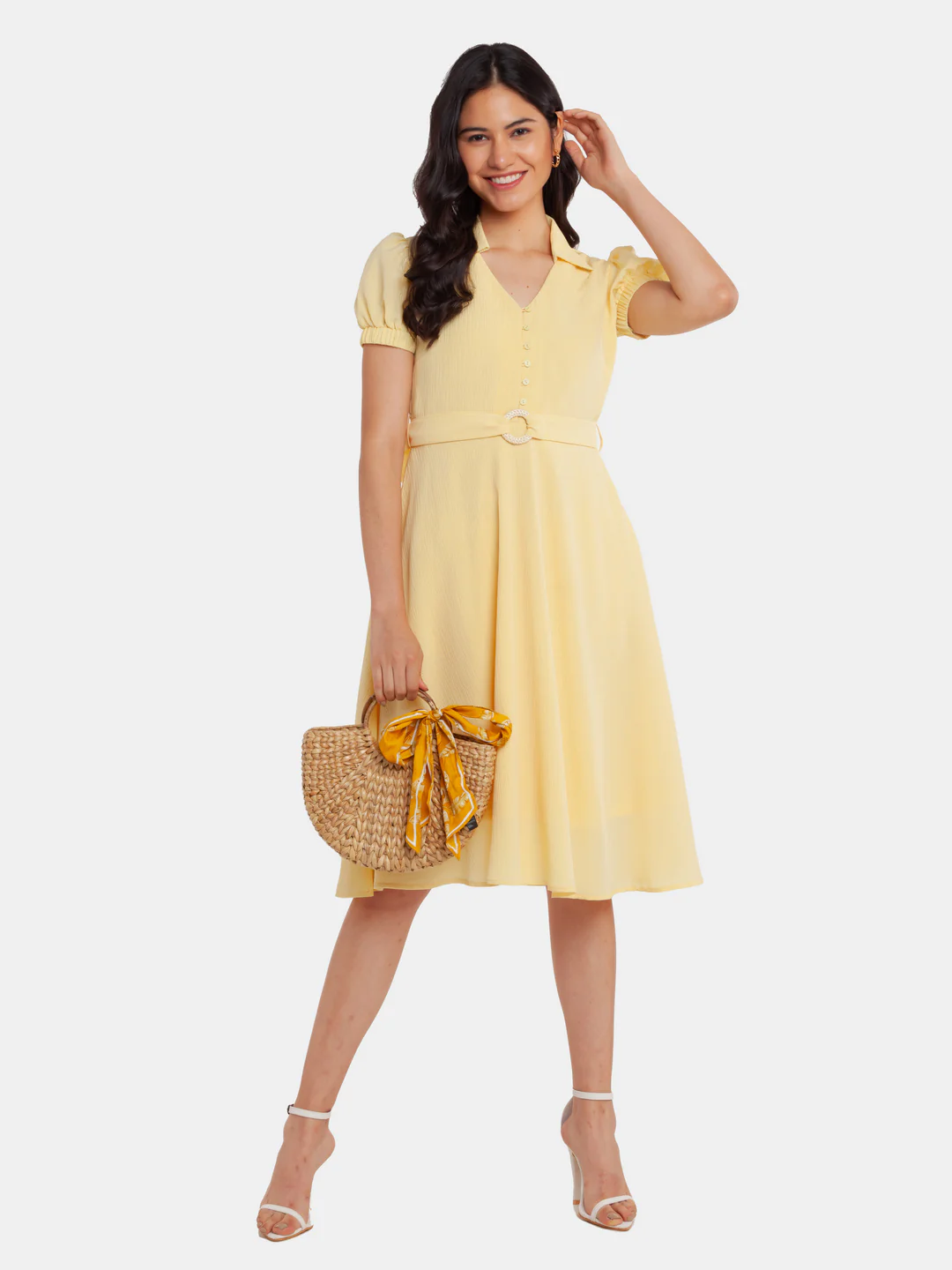 Yellow Solid Puff Sleeve Midi Dress - Image 5