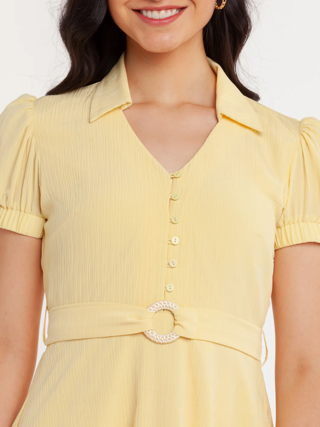 Yellow Solid Puff Sleeve Midi Dress - Image 6