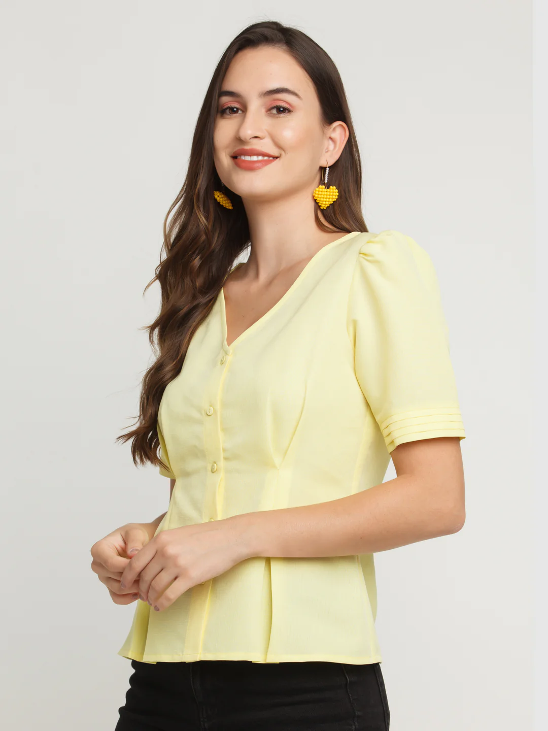 Yellow Solid Puff Sleeve Top - Image 2